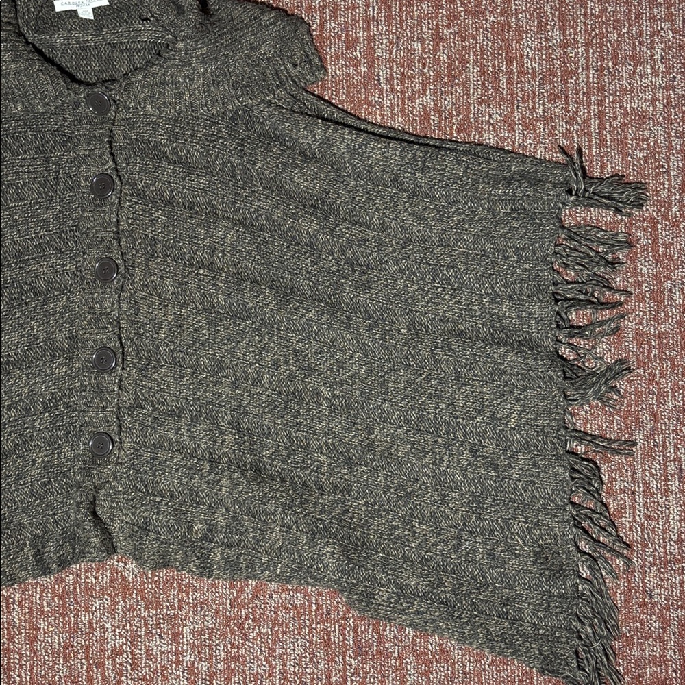 Carolyn Taylor Chocolate brown knit Button-Up Poncho fringe cozy comfy warm OSFA - Picture 3 of 13